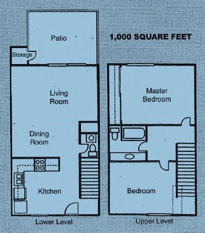Floor plan for 2 beds, 1.5 baths, 1000 sqft